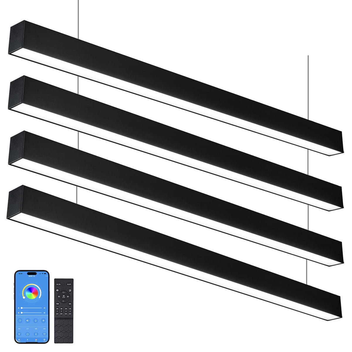 4FT LED Linear Light Fixture, 50W Dimmable Linkable Lights, 3000k-6500K Adjustable Color Temperature Hanging Lighting, Modern Suspended Lamp with APP & Remote Control for Shop Gym Office, 4 Packs