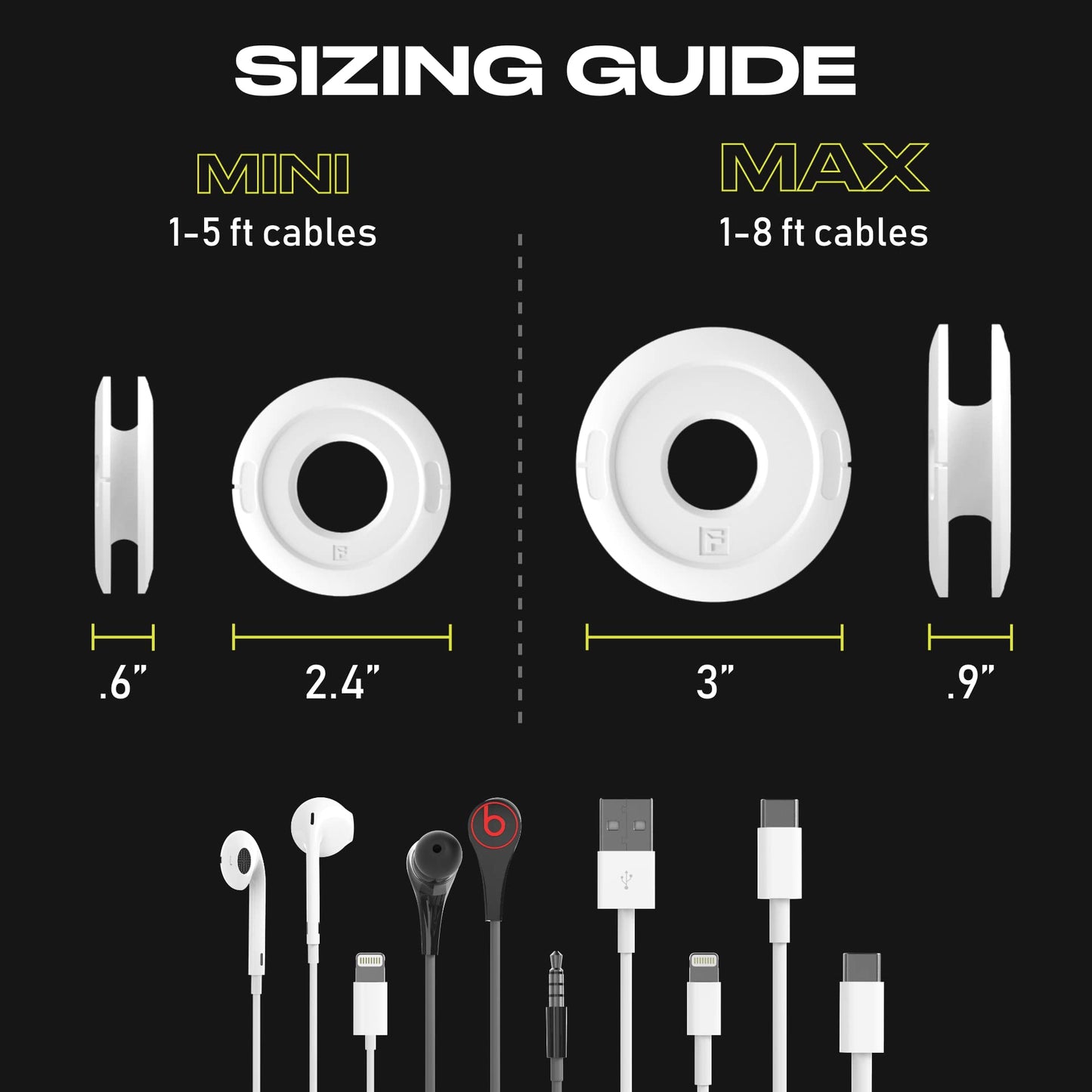 Side Winder Mini and Max Headphone, Earbud and Charging Cable Winder and Organizer Perfect for Wrapping Earbuds and Cords for Travel and Organization 4-Pack (White, Max)