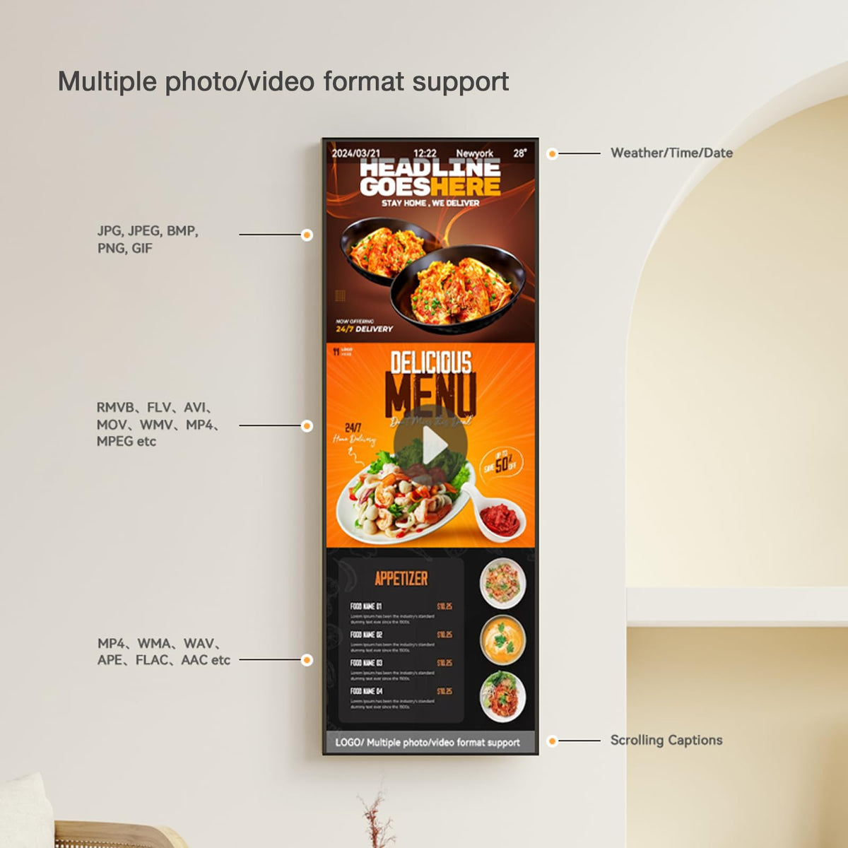 Canlarriz 43" Ultra-Wide Commercial Bar Monitor – Slim 1.02", Frameless Design, 1000nits Brightness, Android OS, USB/HDMI/WiFi, Ideal for Digital Menus, Remote Multi-Device Management