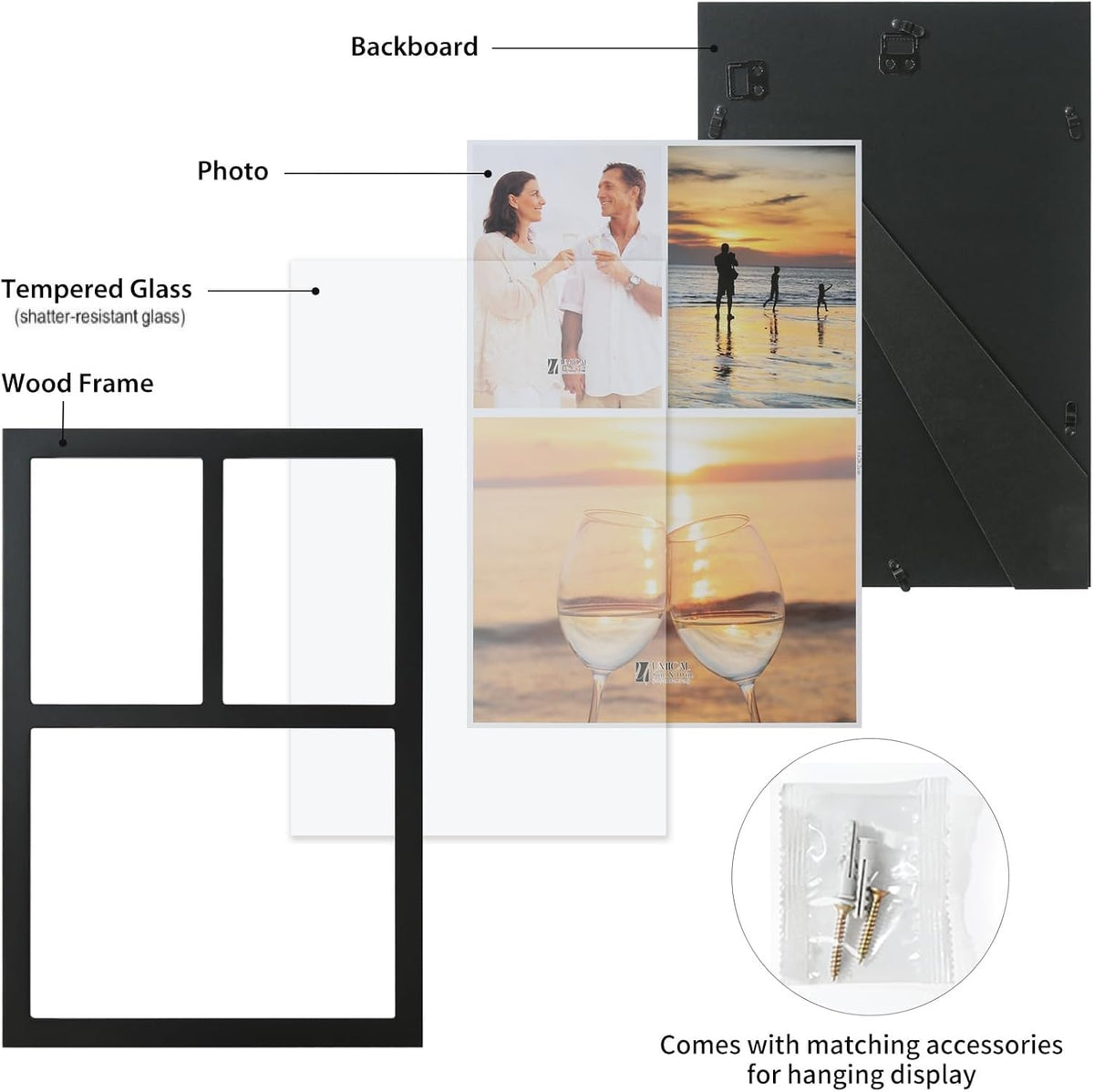 UMICAL Collage Picture Frame for 8x10 and 2 5x7 Pictures Display with Shatter-Resistant Glass & Black Wood 3-Openings Photo Frames Made for Tabletop Stand and Wall Mounting