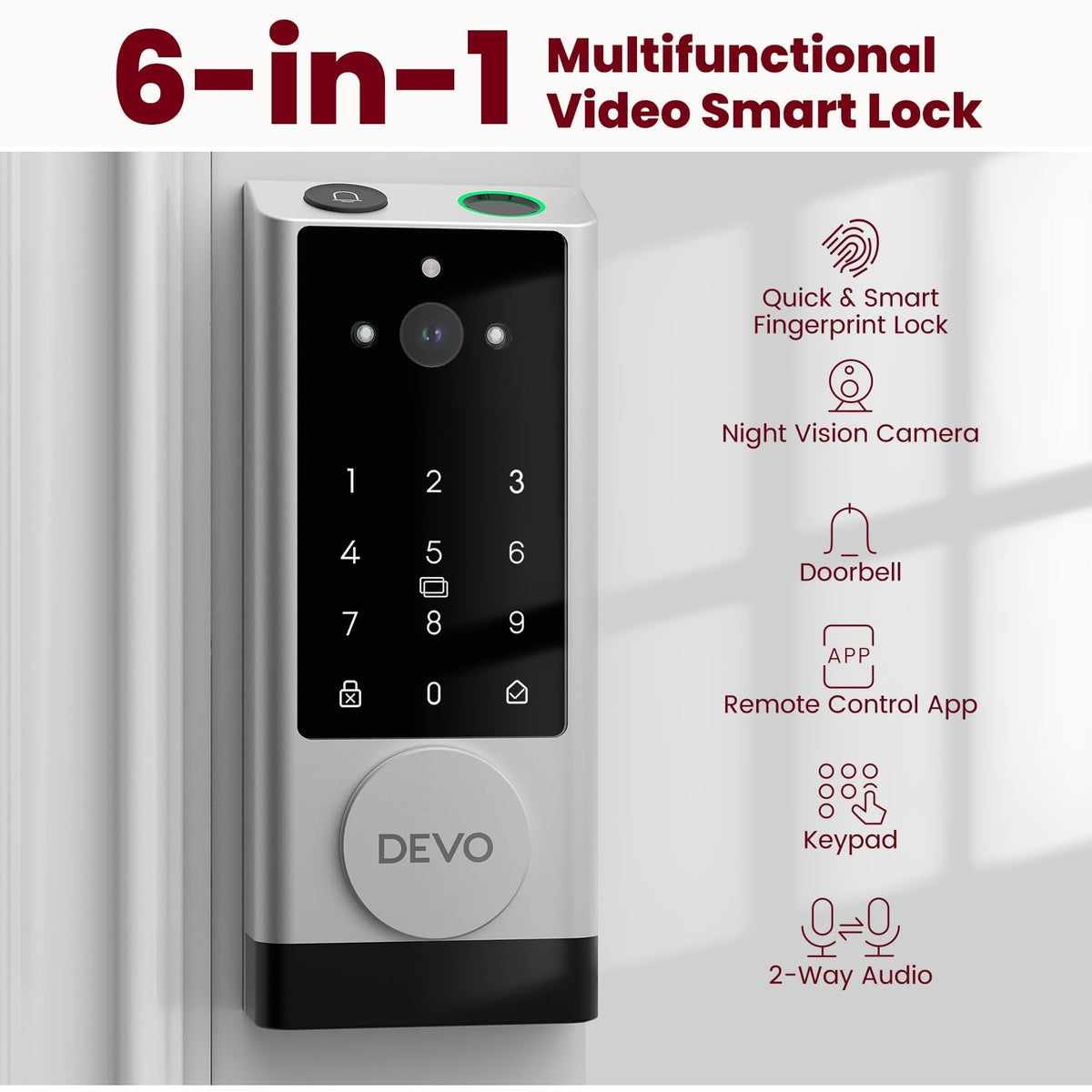 DEVO G1 Keyless Entry Deadbolt- 6-in-1 Smart Lock with Camera & Doorbell, Wi-Fi Smart Door Lock for Front Door with Fingerprint, Auto Locks, App Remote Light Sliver