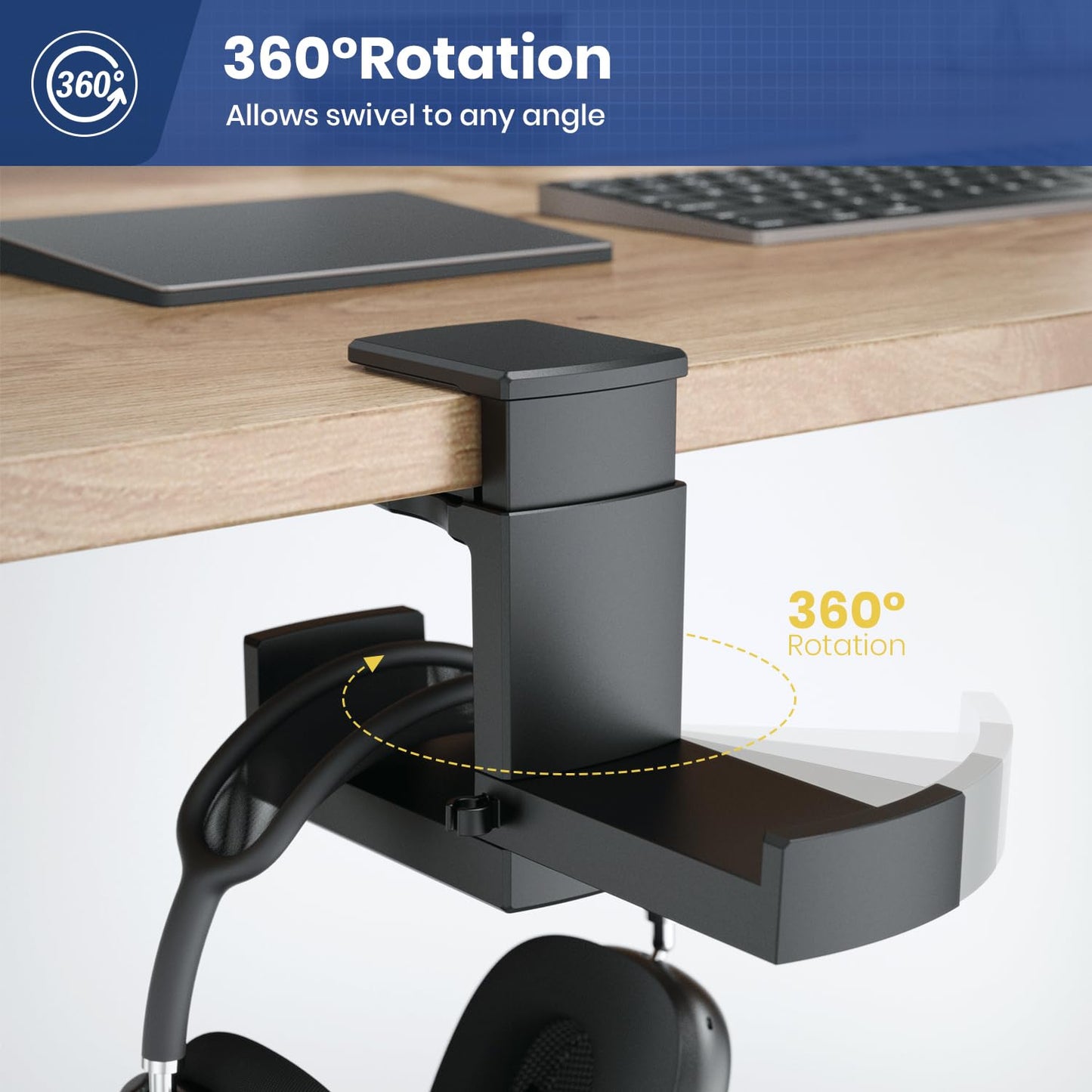 Dual Headphone Stand Holder - EURPMASK 2 in 1 PC Gaming Headset Hooks, 360 Degree Rotating Headphone Hanger with Adjustable Clamp & Cable Clip Organizer, Headset Mount Under Desk Earphone Clamp-Black