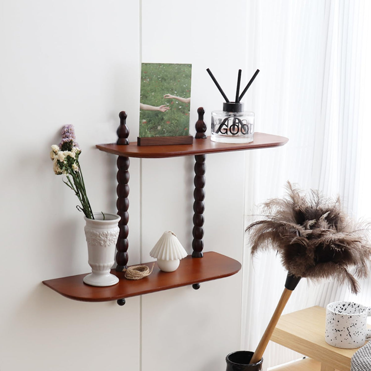 FRIADE 2-Tier Wall Mounted Floating Shelf with Two Roman Columns, Decorative Display Shelf for Entrance, Bathroom, Bedroom, Living Room, Kitchen, Office (Brown)