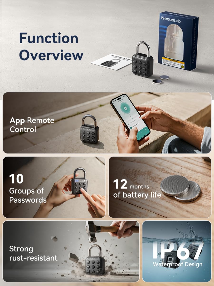 NexusLab Combination Lock for Locker, Locker Lock & Gym Lock with TUYA App: IP67 Rated, Corrosion-Resistant Zinc Alloy, Anti-Corrosion, for Gym/School/Travel, Privacy Safe, Supports (Tuya APP Contrl)