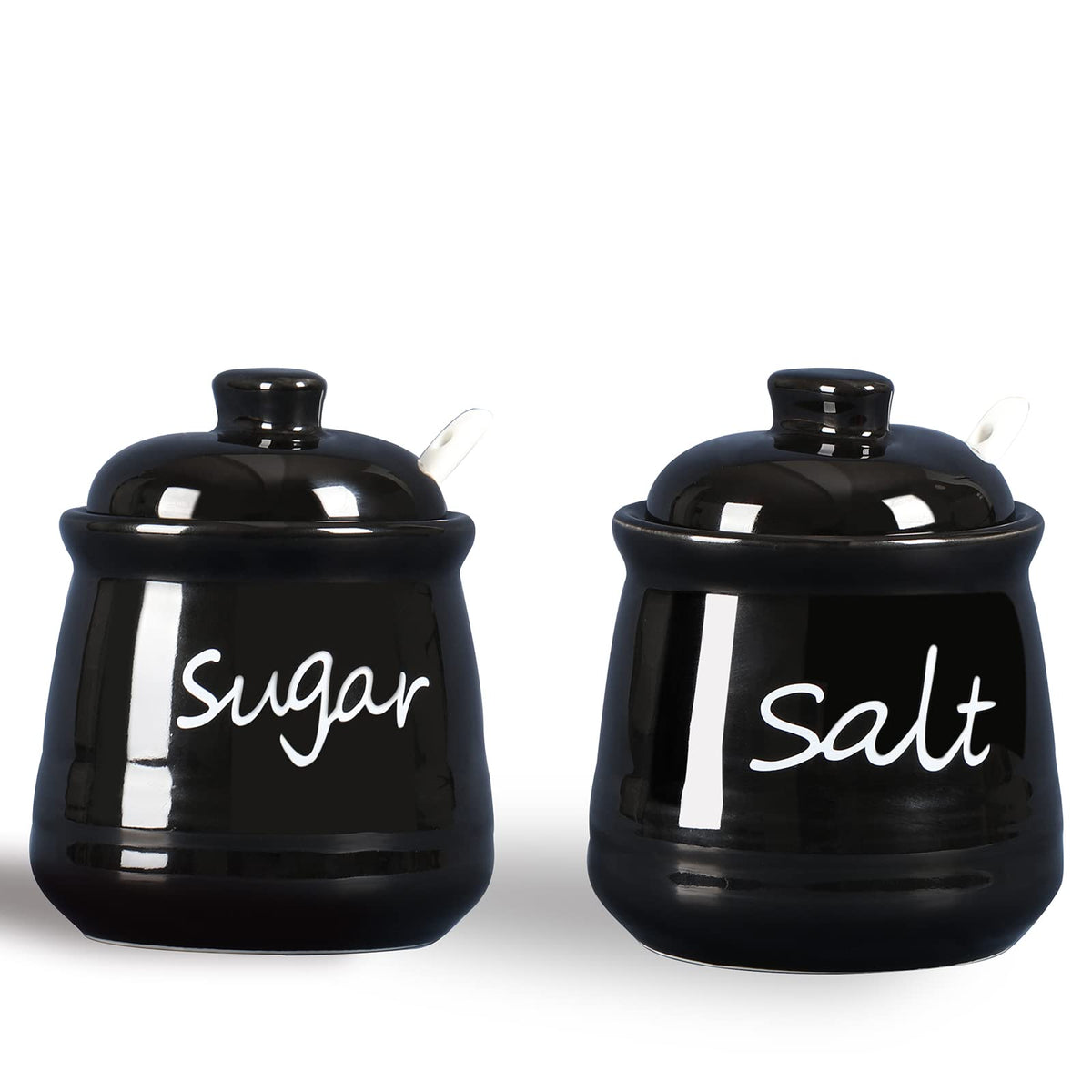 12oz Sugar and Salt Bowls with Lid and Spoon, Ceramics Condiment Pots,Seasoning Jar Spice Container for Kitchen,Dishwasher Safe (Black)