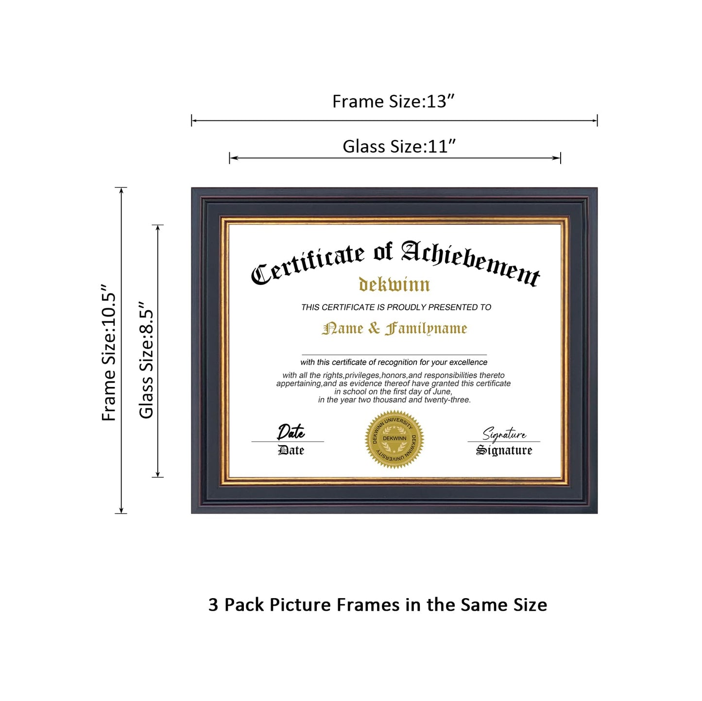 DEKWINN 8.5x11 Diploma Frames Certificate Document Frame Set of 3 with Real Glass, Diploma Frame for Wall Gallery or Tabletop display, Black Gold Molding,Without Mat