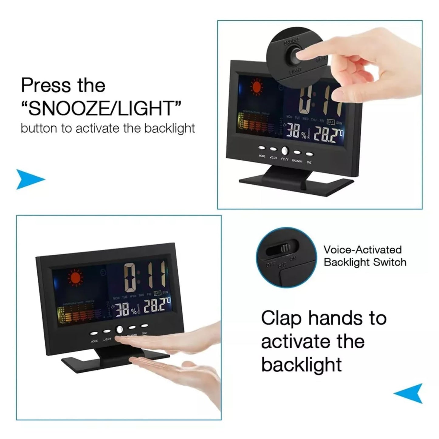 ikaufen Weather Station Wireless Indoor Thermometer Temperature Desk Digital Alarm Clock Weather Thermometer LED Temperature Humidity Monitor