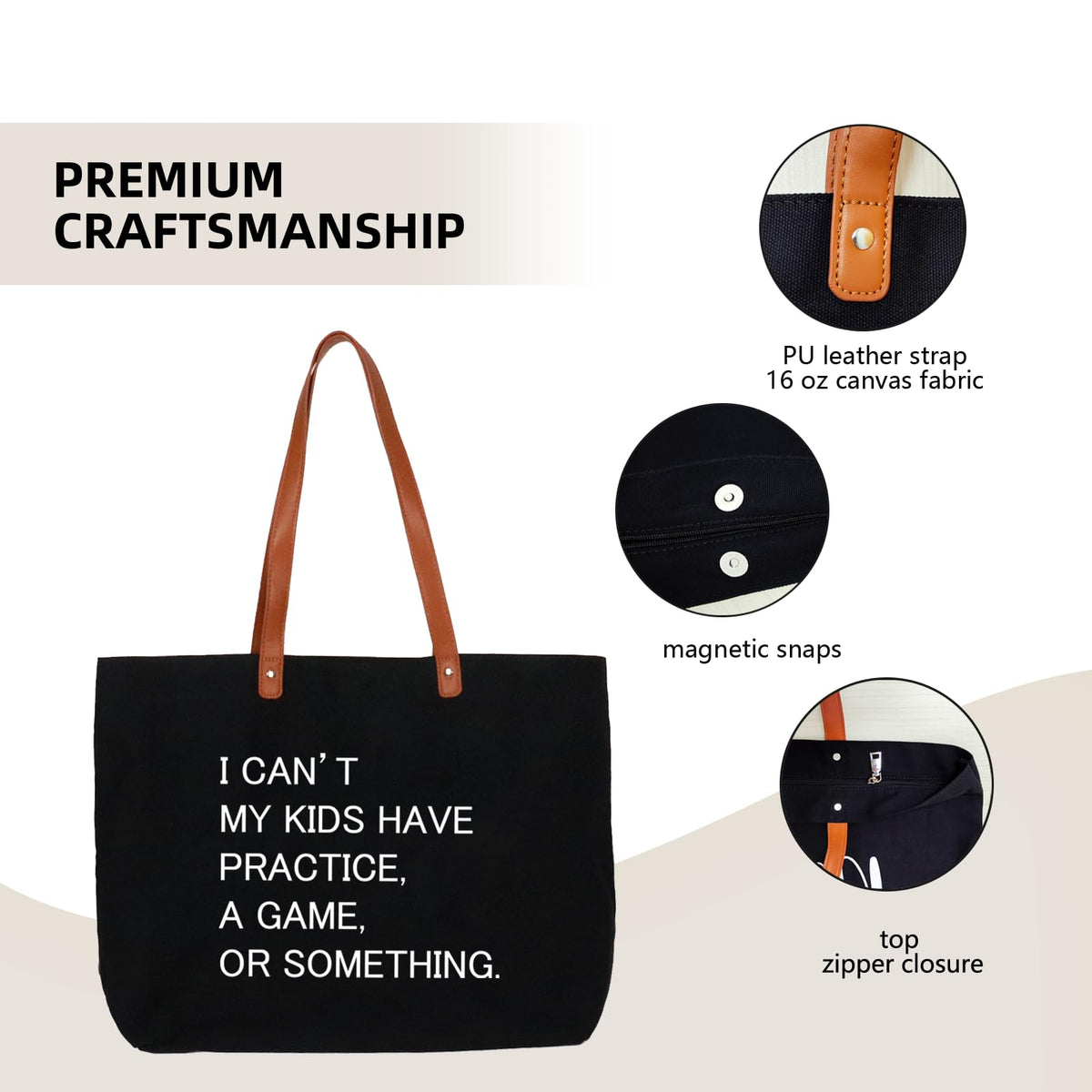 Lamyba I Can't My Kids Have Practice A Game or Something Tote Bag,Sports mom,Soccer Mom Bag with Zipper,Black