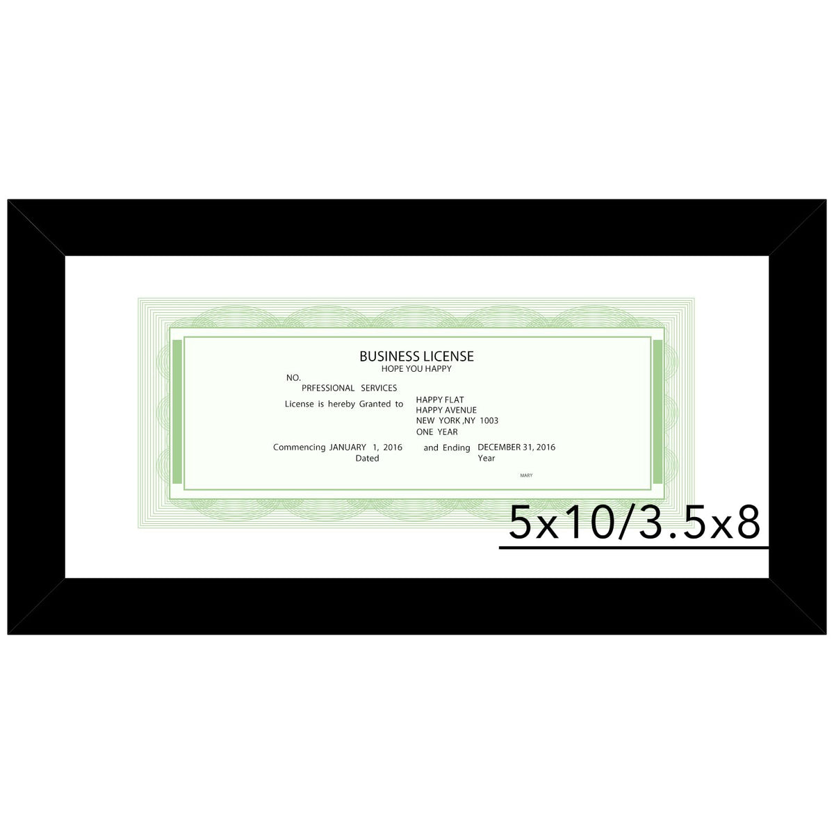 JCJMY 5x10 Business License Frame Black for 3.5x8 Standard Business License with Mat or 5 x 10 Picture without Mat, 5x10 Frame with Shatter Resistant Plexiglass for Wall Hanging or Tabletop, Black