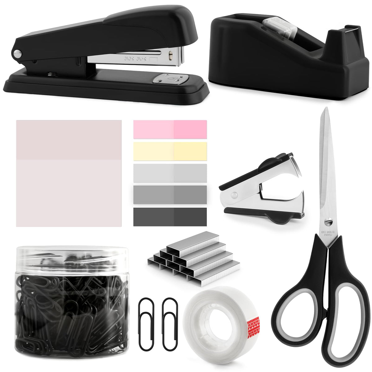 Black Office Supplies for Kids, Black Desk Accessories, Stapler and Tape Dispenser Set for Kids, Women, Office Gift for Women, Boss Lady, Office Lady, Coworkers, Office Clerks, School Kids