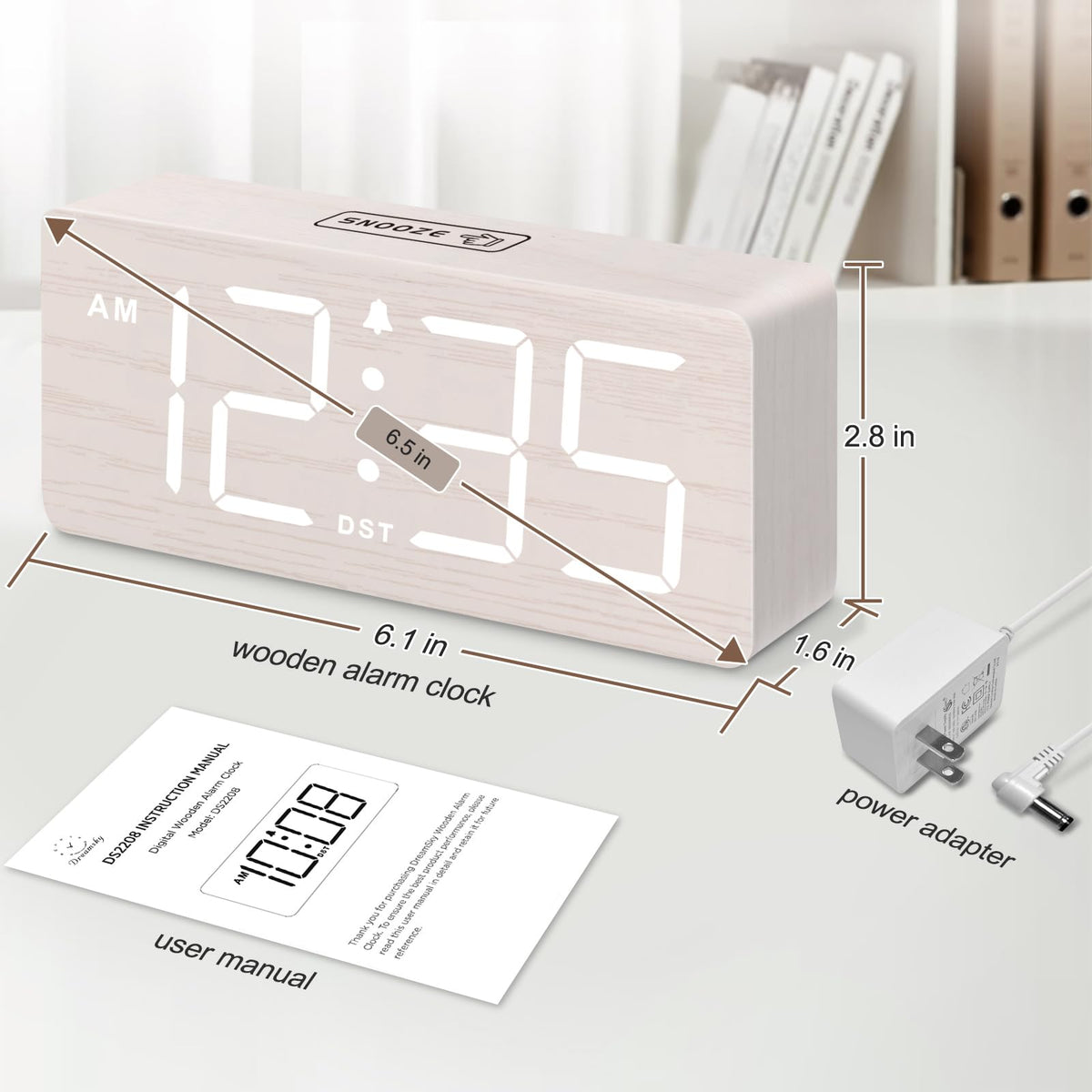 DreamSky Wooden Digital Alarm Clock for Bedroom - Desk Clock for Living Room with Large Numbers, Dimmer, Loud Alarm for Heavy Sleepers with Volume Control, DST, Office Wood Decor (Plug in Clock)