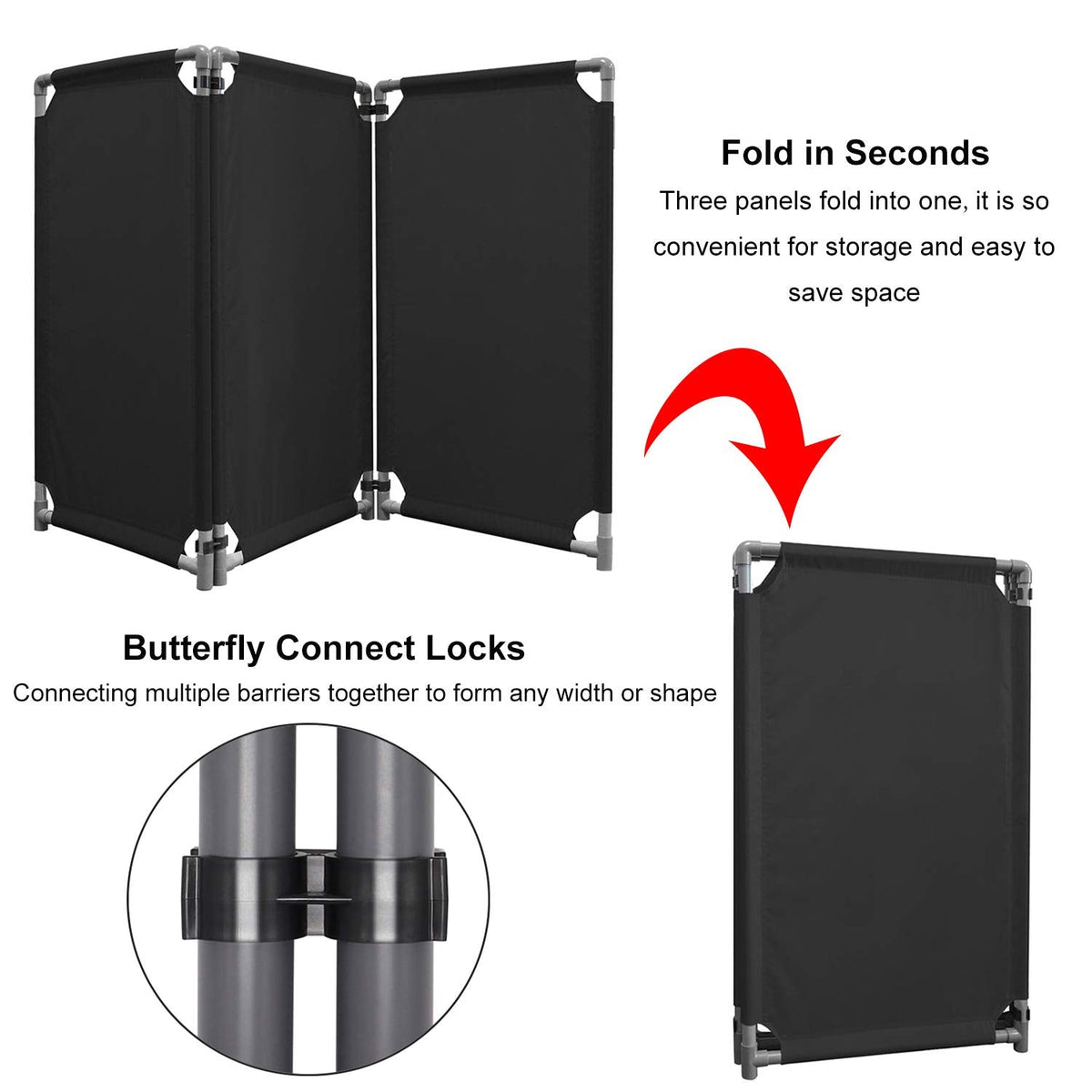 3 Panels Safety Barricade 5.8FT Foldable Security Sign Barrier Gate with Heavy Duty PVC Frame High Visibility Caution Symbol Crowd Control Restricted Area Pedestrian Barricade Traffic Fence Black
