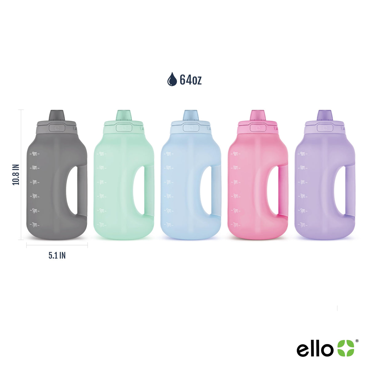 Ello Hydra 64oz Half Gallon Water Jug with Handle and Motivational Time Markers for All Day Hydration, Plastic Reusable Water Bottle with Straw and Locking, Leak Proof Lid, BPA Free, Halogen Blue