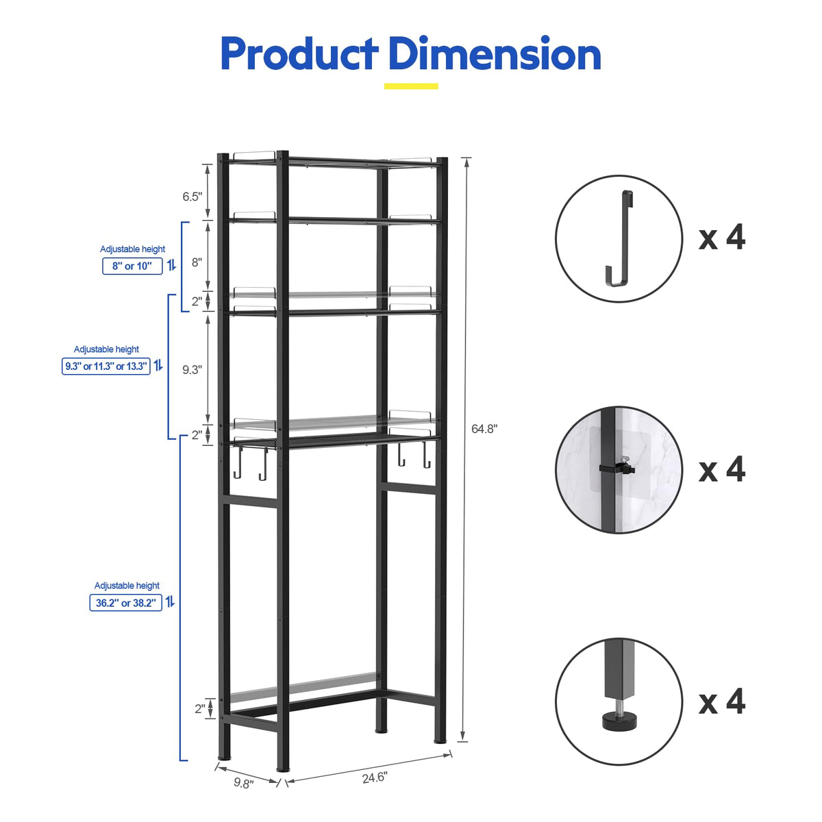 samstar 4 Tier Over The Toilet Storage Rack, Bathroom Organizer Shelves Cabinet Above Toilet, with Adjustable Height Freestanding Shelf Space Saver, Black