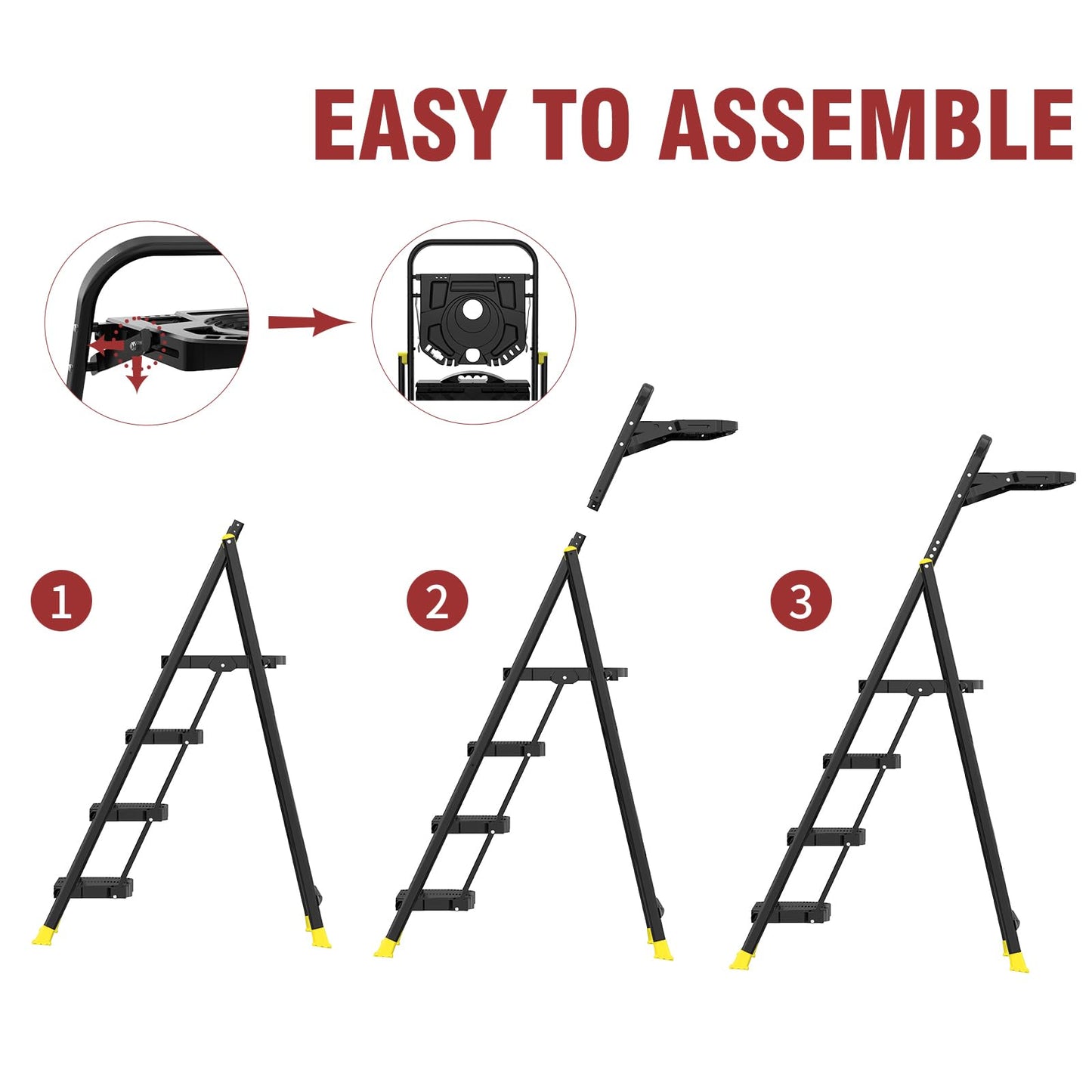 4 Step Foldable Step Ladder with Roomy Tool Tray, Platform Ladders Stepstools, Step Stool 4 Step Folding with Wide Non-Slip Pedals and 800lbs Bearing Capacity for Adults, Home, Kitchen, Black Yellow