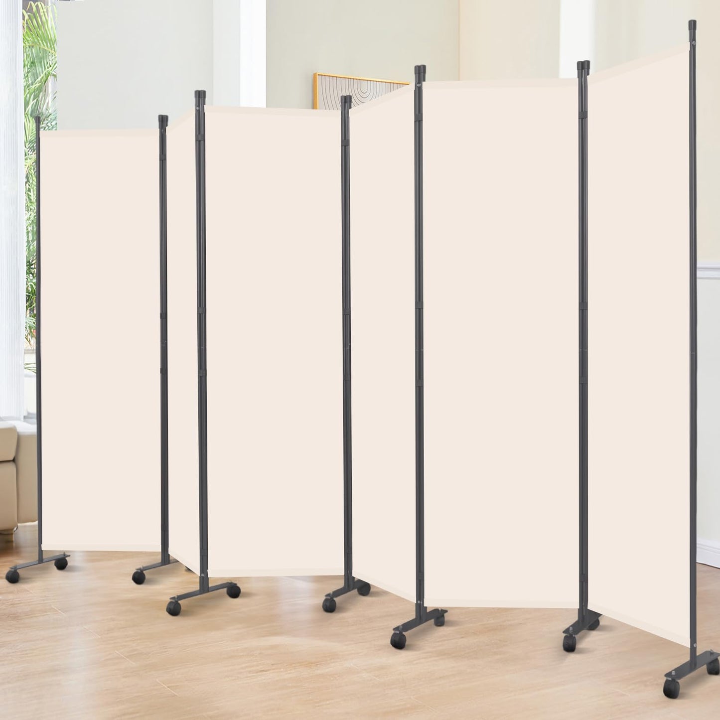 Room Divider 6FT Room Partition with Lockable Wheels, (Thicked Metal Base) Room Dividers, Freestanding Indoor Folding Privacy Screens, Portable Fabric Wall Divider for (Beige, 132"- 6 Panel)