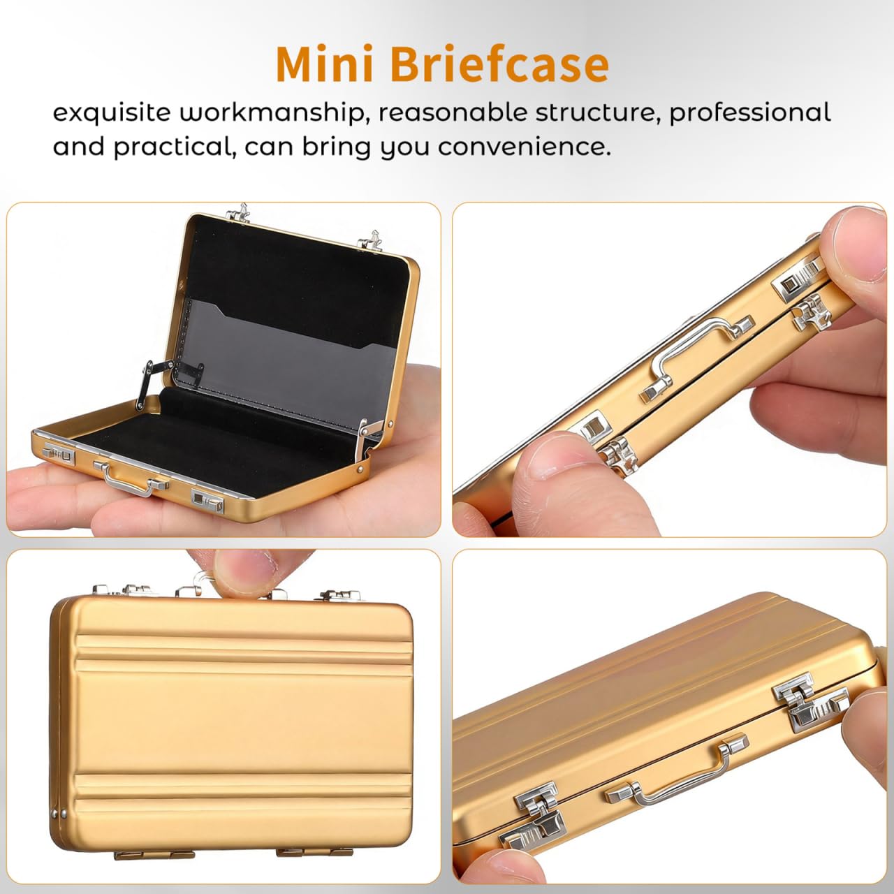 Mini Briefcase Metal Business Card Holder Case - Aluminum Postcard Box Portable, Gold Small Briefcases Gift with Waterproof Pocket Credit Holder for Professional Women Men's Cards & ID Organizer