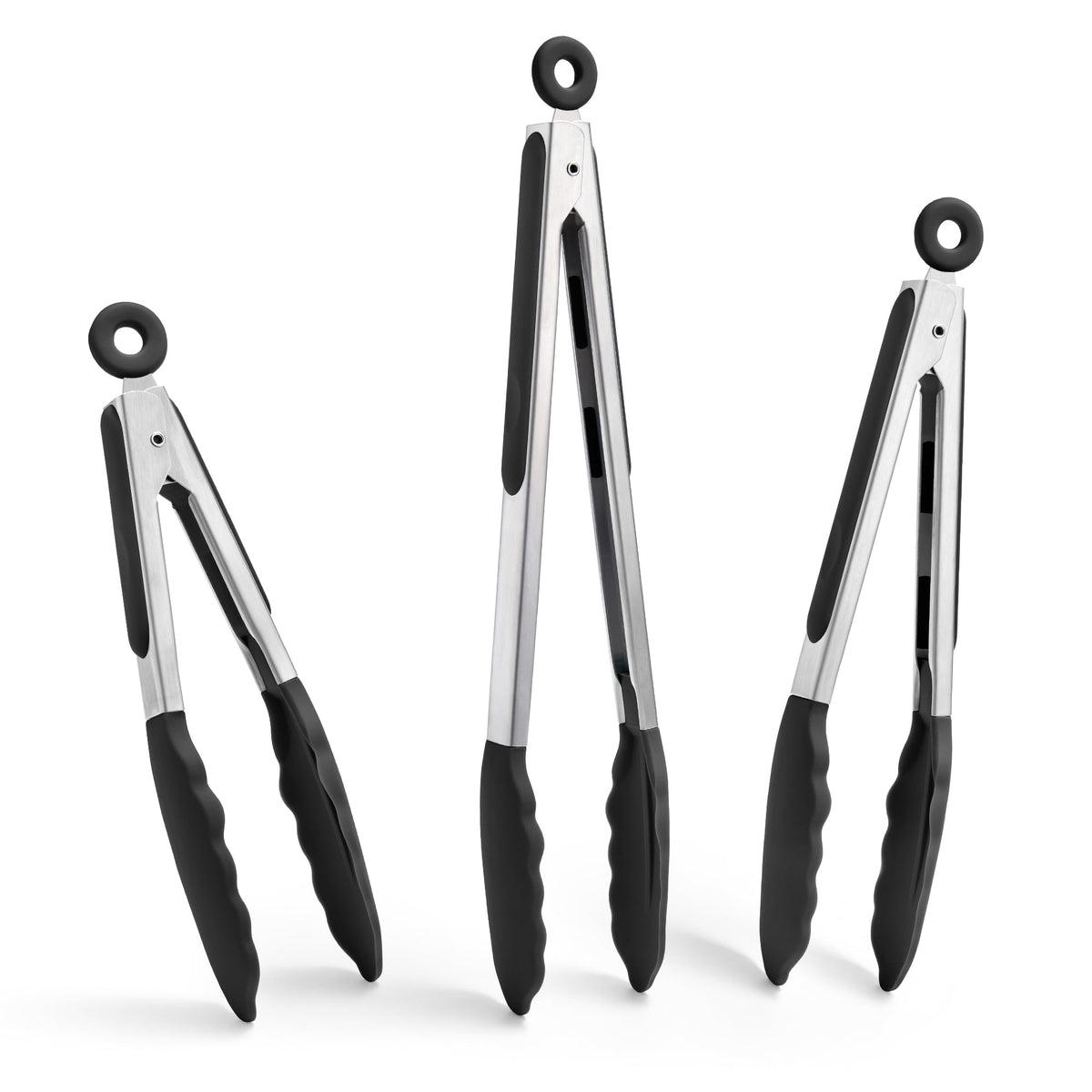 Doosu Kitchen Tongs for Cooking - 600°F Heat Resistant Food Tong Set with Non-Scratch Silicone Tips, Heavy Duty Stainless Steel Locking Tong for BBQ, Grilling Steak, Serving Salad (7+9+12in, Black)
