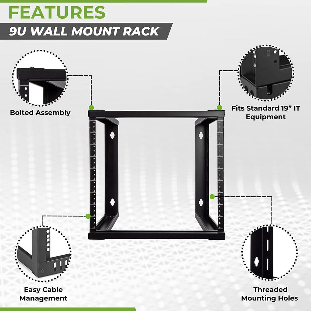 NavePoint 9U Open Frame Wall Mount Server Rack for 19" Networking IT Equipment & A/V, 12-24 Threaded, Compatible with 2-Post Mounting, Black