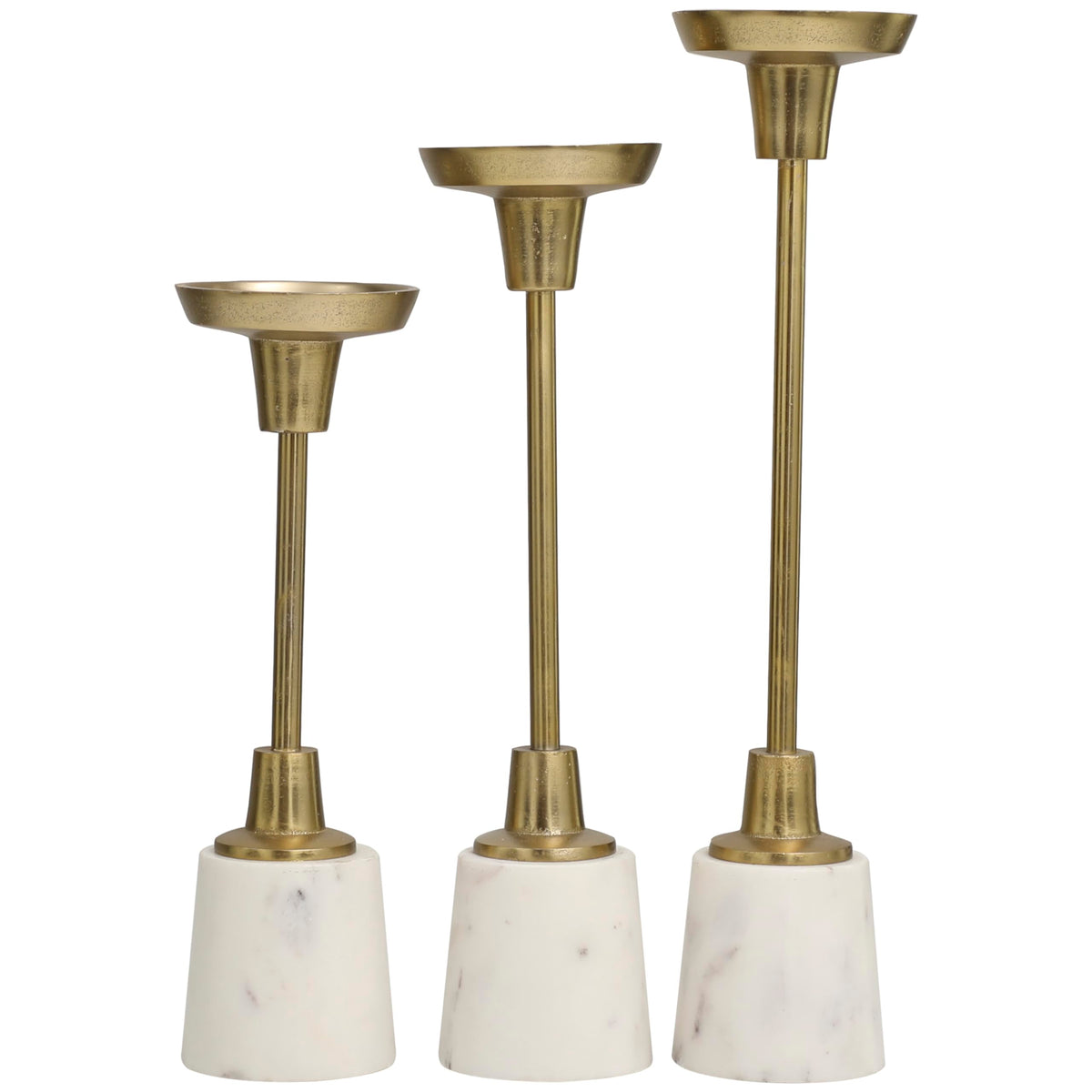 Deco 79 Aluminum Slim Candle Holder with White Marble Base, Set of 3 15, 13, 11" H, Gold