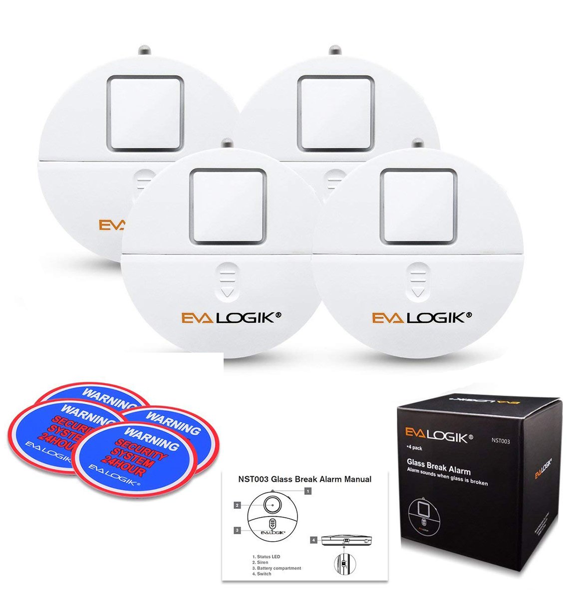 EVA LOGIK Modern Ultra-Thin Window Alarm with Loud 120dB Sound and Vibration Sensors Compatible with Virtually Any Window, Glass Break Alarm Perfect for Home, Office, Dorm Room- 4 Pack