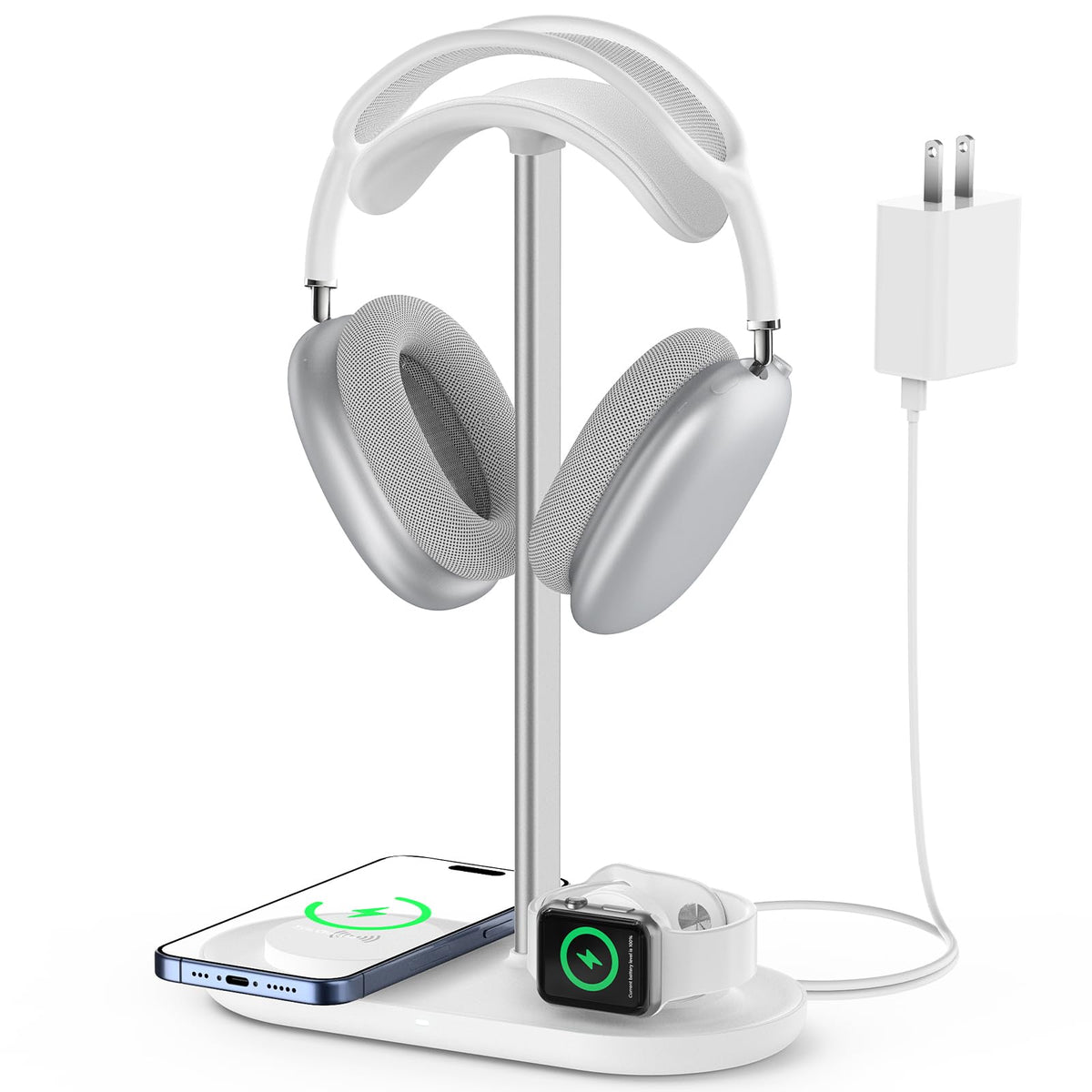 HiWe Headphone Stand, 2-in-1 Wireless Charger for iPhone/Apple Watch, Aluminum Alloy Rod, Minimalist Desk Organizer, White