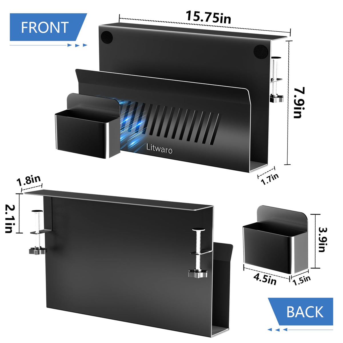 Litwaro Desk Side Storage Organizer, No Drill Laptop Holder Clamp on Desk Shelf with Magnetic Pen Holder, Hanging Organizer Fits Flat Edge Desks 0.4" to 2.1" (Black)