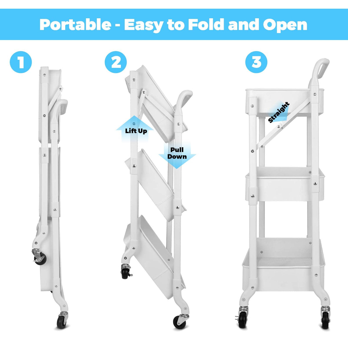 johgee Foldable 3 Tier Metal Utility Rolling Cart, Folding Mobile Multi-Function Storage Trolley Organizer Cart for Home Library Office(White)