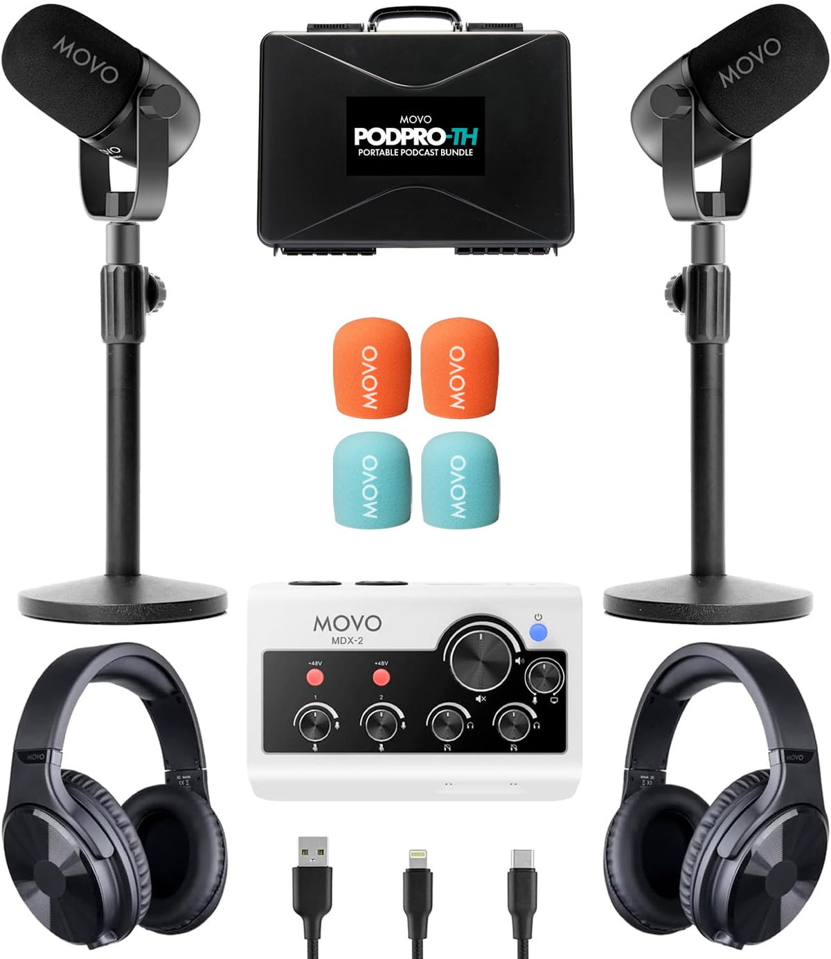 Movo Portable Podcast Equipment Bundle for iPhone/Android Phones- Podcast Kit with Audio Interface, 2 CastMic Dynamic Mics, 2 Table Stands - For Smartphones, Computers, PC, Mac - Lightning, USB, USB-C