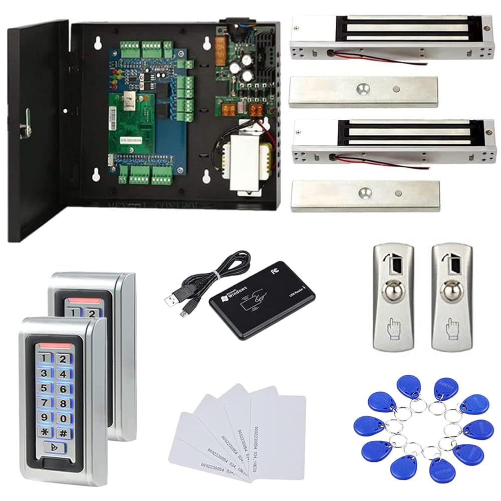 MENGQI-CONTROL Waterproof Metal Keypad Reader TCP/IP 2 Doors Access Control Kit Outdoor Install Magnetic Lock Metal Exit Button 110V Power Box RFID Cards/Key Fob(Phone APP remotely Open Door)