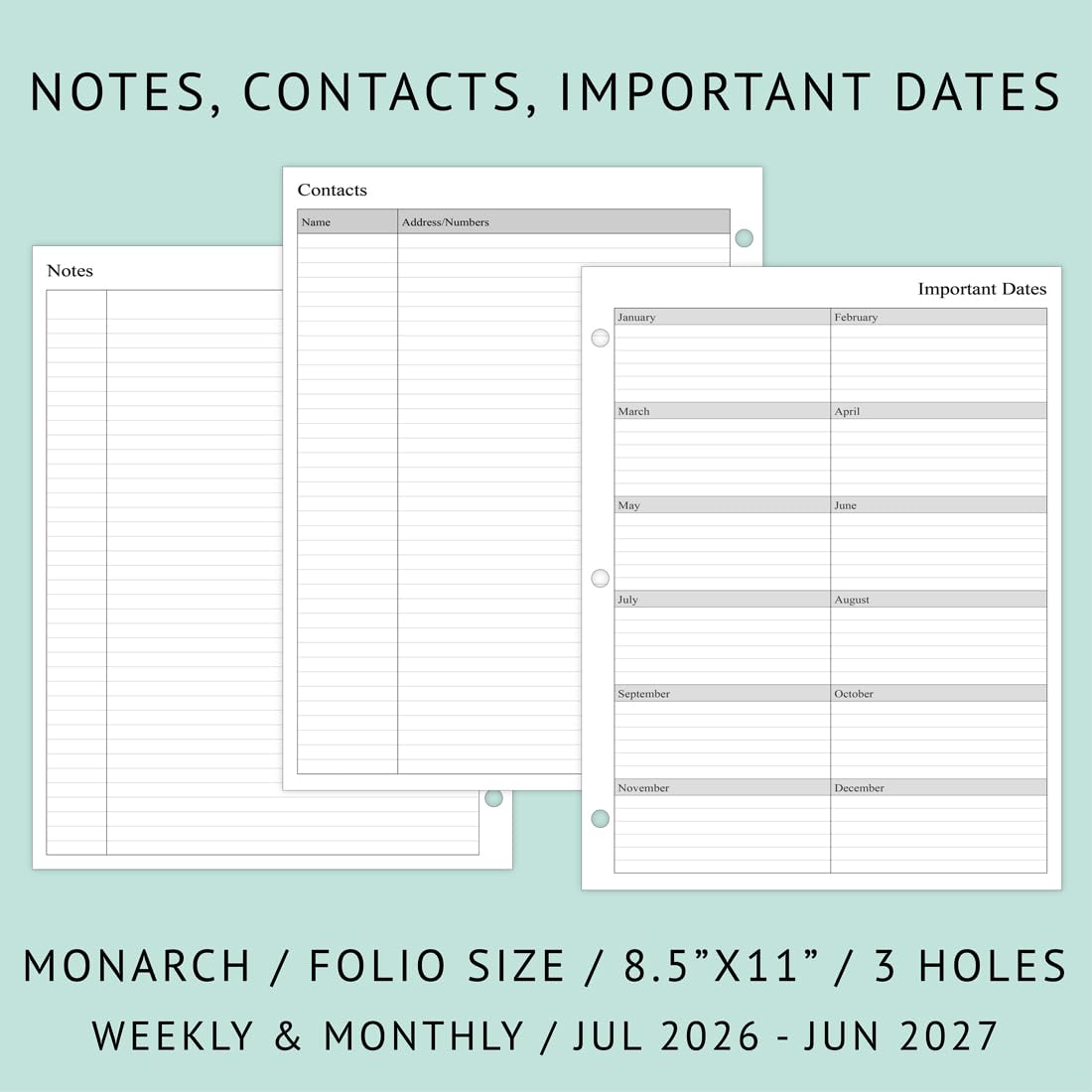 newestor 2026-2027 Weekly Planner Refills for 3-Ring Binder with Monthly Tabs, Jul 2026 - Jun 2027, 8-1/2" x 11", Folio Size 5 / Monarch
