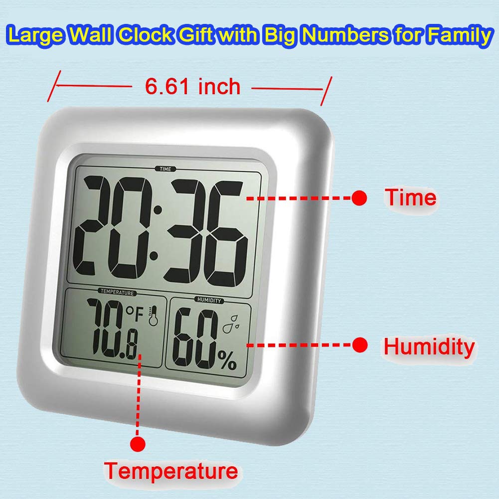 Large Waterproof Bathroom Shower Wall Clock, Big Digital Water Resistant Shatterproof Clock Thermometer Hygrometer for Bath, Temperature & Humidity Meter, Hanging & Table Standing & Mirror Suction Cup