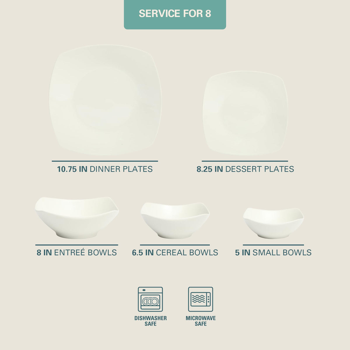 Gibson Home Brentwood 40-Piece Dinnerware Set – Square White Porcelain Plates and Bowls, Service for 8, Dishwasher & Microwave Safe, Modern Everyday Dinner Set with Cereal, Dessert, and Entrée Bowls