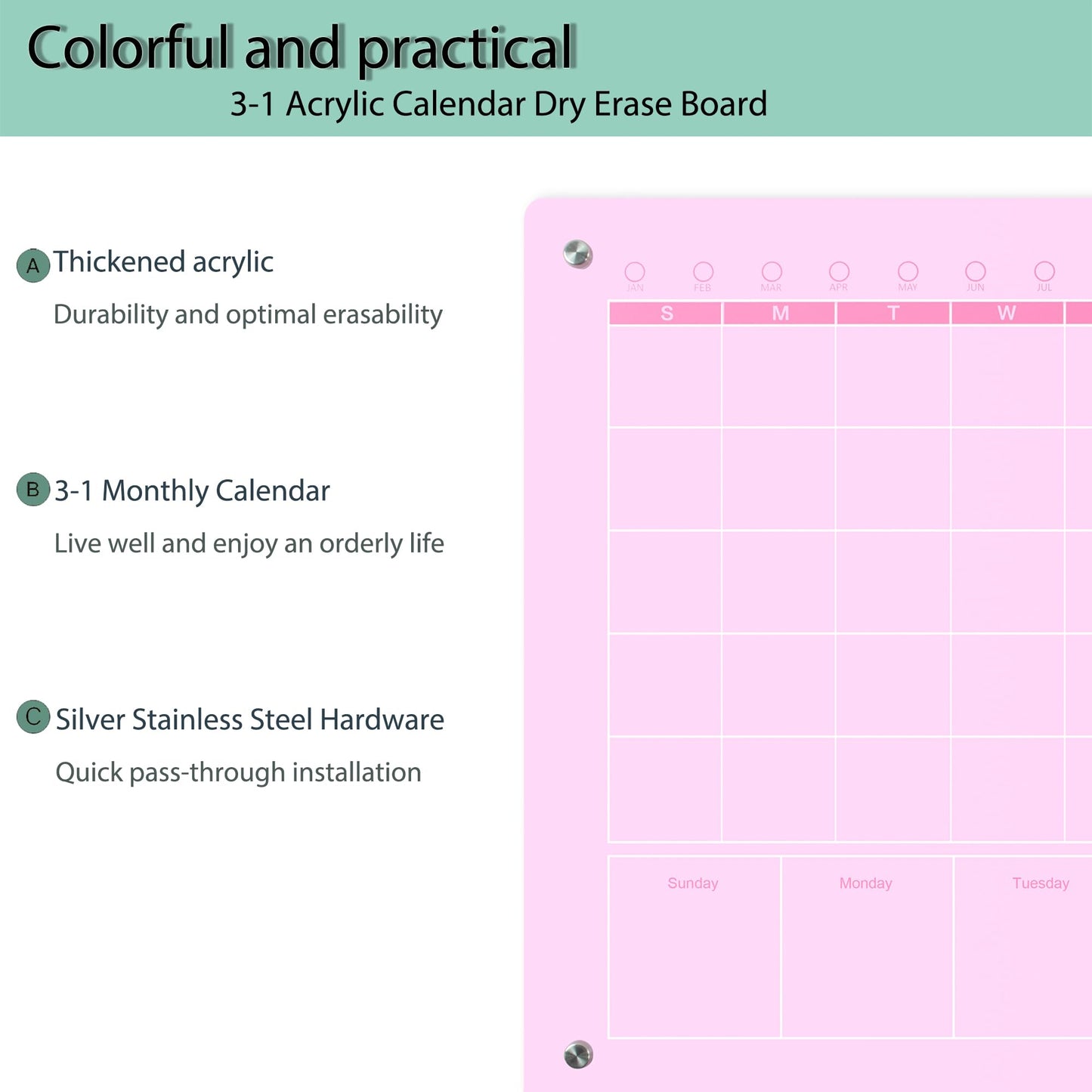 Marribol Large Acrylic Calendar for Wall,24"X16",Acrylic Dry Erase Calendar for Wall,Pink Dry Erase Board for Home/Office