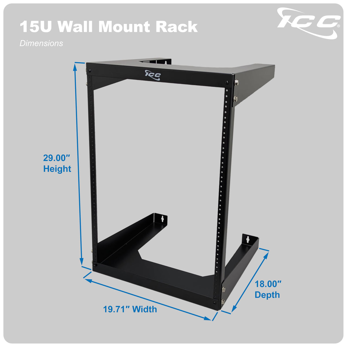 ICC 15U Wall Mount 19″ Open Frame Server Rack – 18″ Deep Cold-Rolled Steel, 125 lb Load Capacity – Network Rack for Patch Panels, Switches, AV, IT & Telecom Equipment Installations