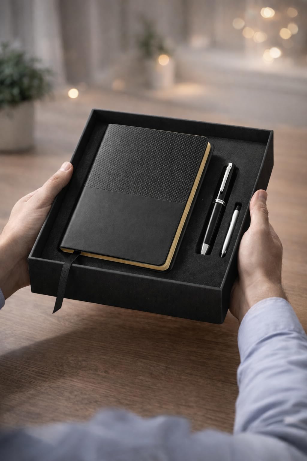 Business Office A5 Soft Leather Notebook Gift Set with Pen, Black, Professional Stationery Set with Premium Pens