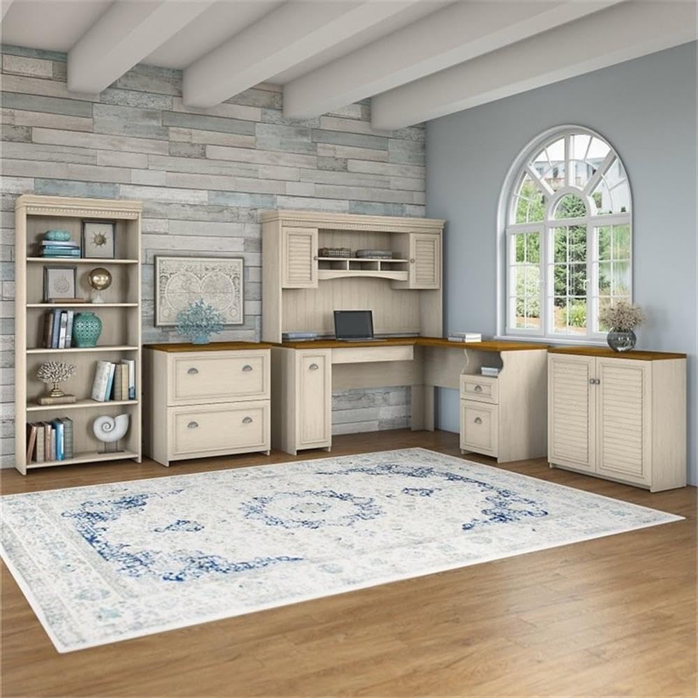 Bush Home Fairview 60W L Shaped Desk with Hutch, File Cabinet, Bookcase and Storage in Antique White and Tea Maple