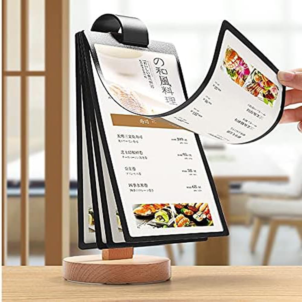 ECKEK Acrylic Sign Holder Multi-Page flip Sign Holder Menu Displays Double Sided 5 Pages-10 Sides, Wood Base Table Top Sign Stand (100*200mm/3.94×7.87 inches)