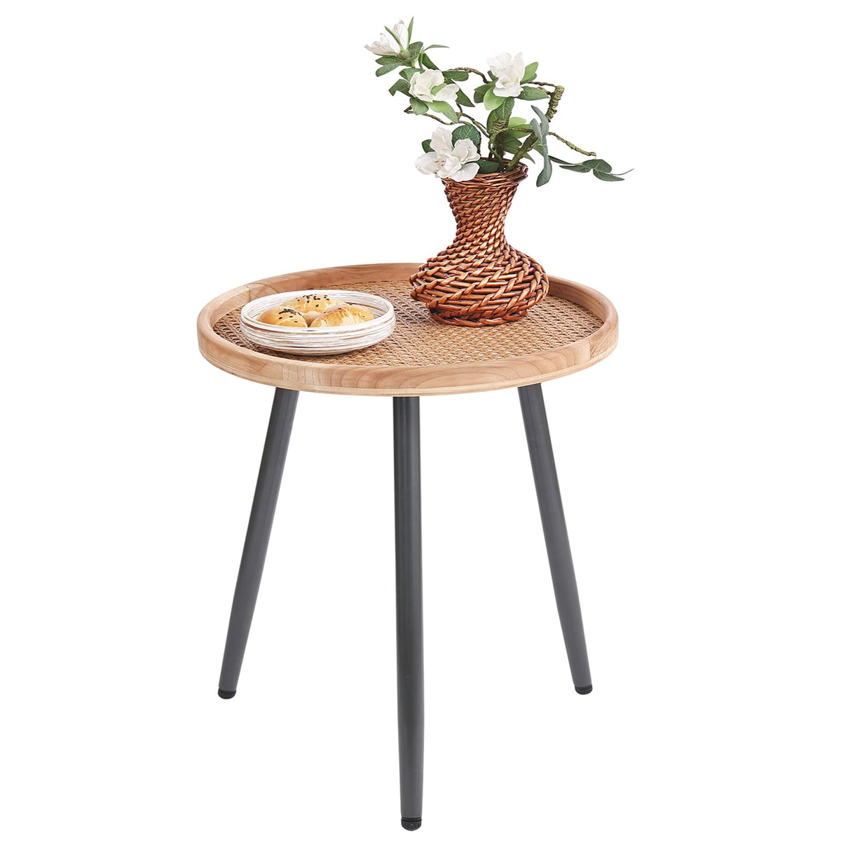 Tiita Rattan Round End Table Mental Side Table Nightstand/Small Wood Tables Accent Coffee Table with Wooden Tray for Living Room Bedroom Office Small Space