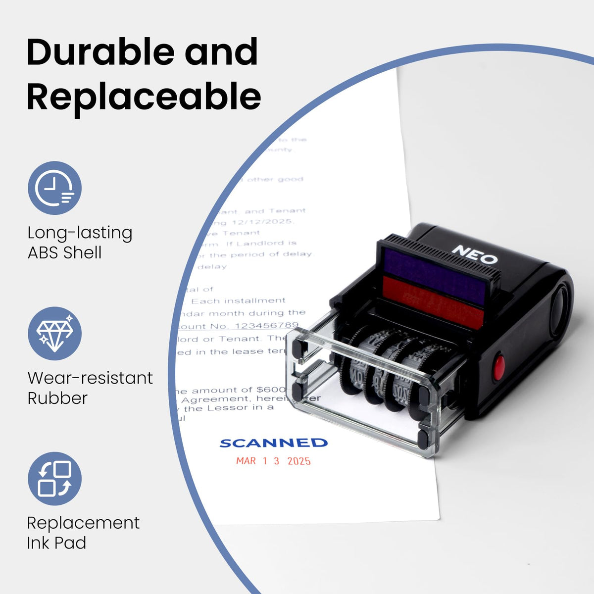 NEO MARK Self-Inking Date Office Stamp with Scanned Blue Ink & Date Red Ink, 12-Year Adjustable Rubber Dater, Ideal for Documents, Business & Accounting - with an Extra Refill Ink Pad