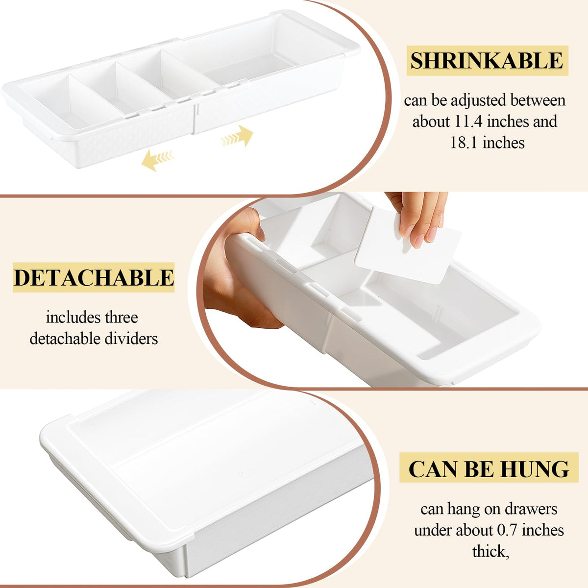 BrightRow 3 Pcs Expandable Drawer Organizer Bins Adjustable Deep Drawer Hanging Organizer Tray Expandable 11.4 to 18.1 Inches Plastic Dividers Storage for Office Bathroom Bedroom Kitchen Desk, White