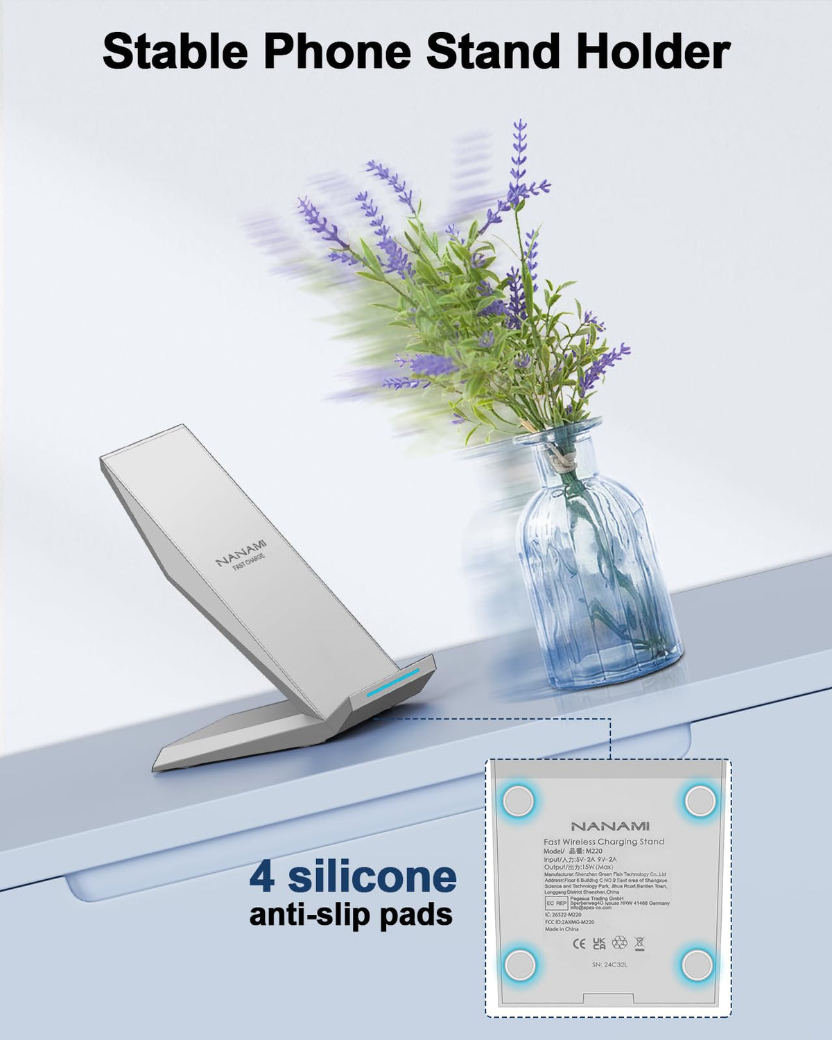 Fast Wireless Charger, NANAMI Wireless Charging Stand Compatible iPhone 17/17 Air/17 Pro/16/16 Plus/15/14/13/12, Desktop Charger Dock Phone Charging Stand for Samsung Galaxy S26/S25/S24/S23/S22/S21