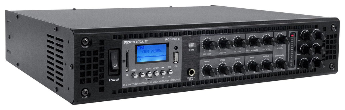 Rockville RCS180-6 180W 6-Zone 70v Commercial Amplifier, Bluetooth, USB/SD/RCA, Mic, Optical Inputs, FM, for Restaurants/Offices