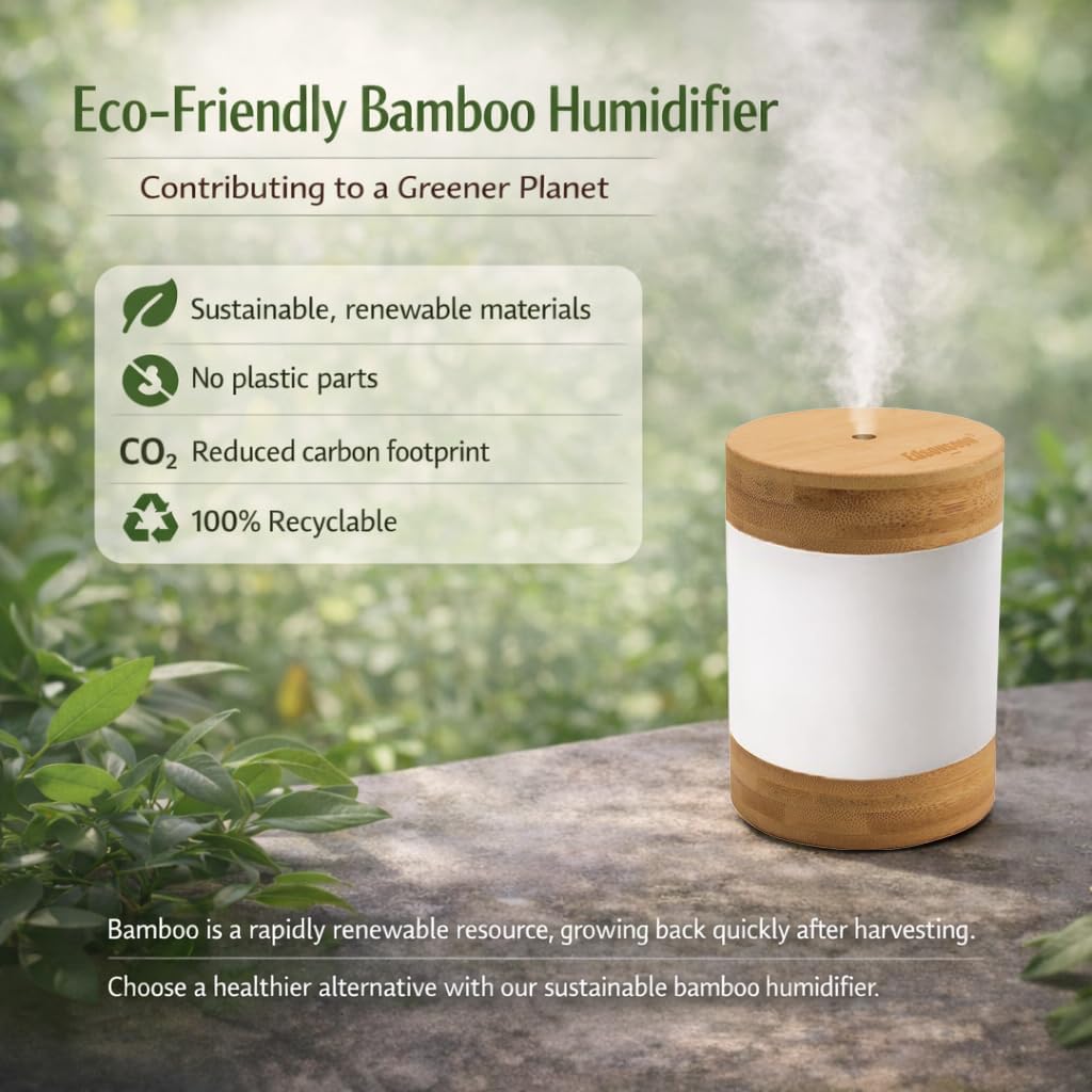 Bamboo Ultrasonic Mini Humidifier, 400ml Quiet Desktop Humidifier with Dual LED Night Light, USB-C Powered, Auto Shut-Off, Portable Small Room Air Moisturizer for Bedroom, Desk, Office & Travel