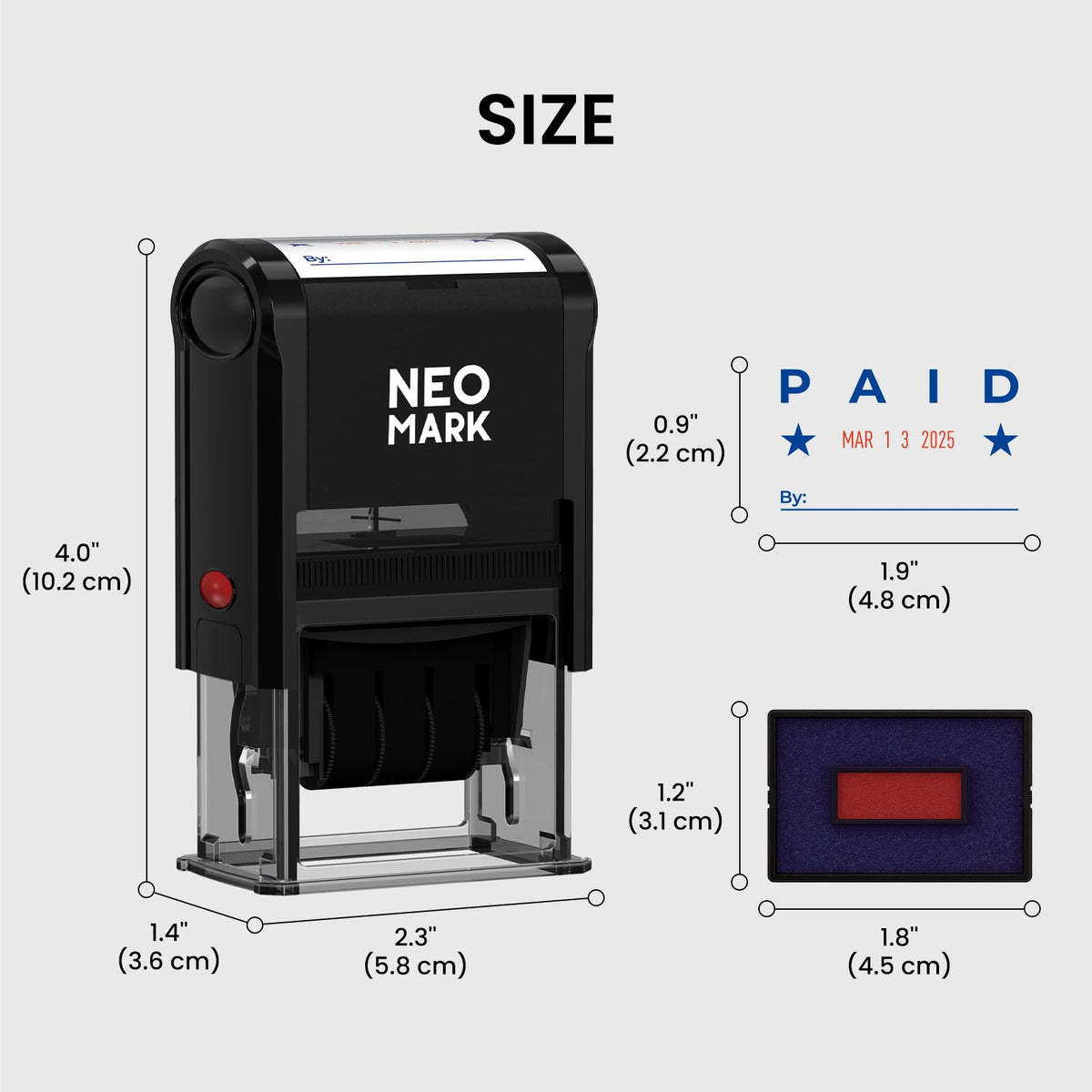 NEO MARK Large Self-Inking Date Office Stamp with Paid Blue Ink & Date Red Ink, 12-Year Adjustable Rubber Dater, Ideal for Documents, Business & Accounting - with an Extra Refill Ink Pad