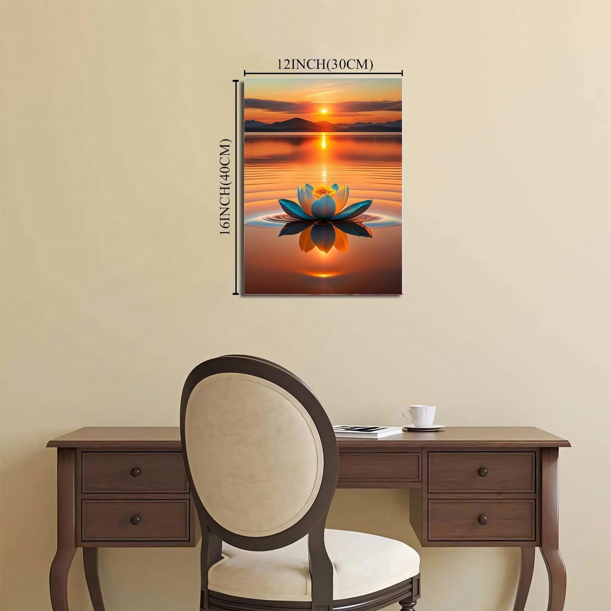 Sunset Lotus Wall Art–Lotus Blooming In The Water,Serene Lake Meditation Canvas Art,Yoga Spa Meditation Room Decor, Modern Spiritual Poster Prints For Zen Office Framed 12"X 16"