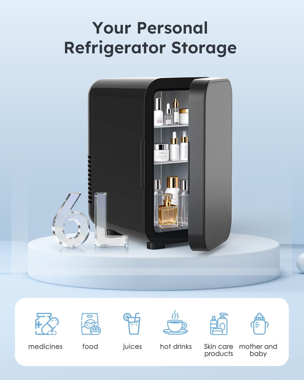 FANSEXPERT Skincare Fridge with Glass Panel, 6L Mini Fridge for Home/Car, AC/DC Portable Thermoelectric Cooler and Warmer, Makeup Mini Compact Refrigerator for Skincare Cosmetics Food Drinks (Black)