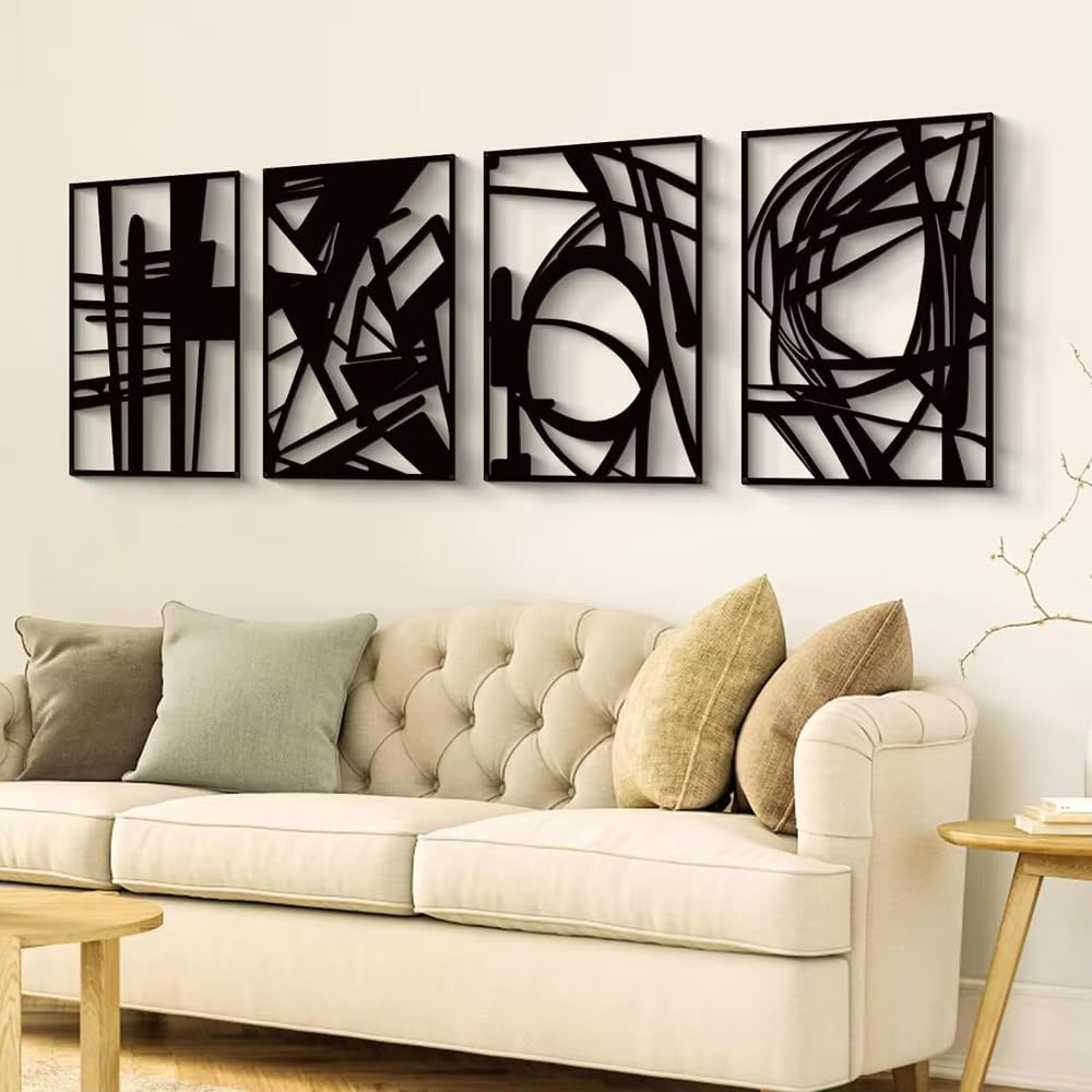 Modern Black Abstract Wall Art – 4 Panel Set (16x11”) – Minimalist Metal Artwork for Living Room, Bedroom, Office – Contemporary Home Decor, Easy to Hang