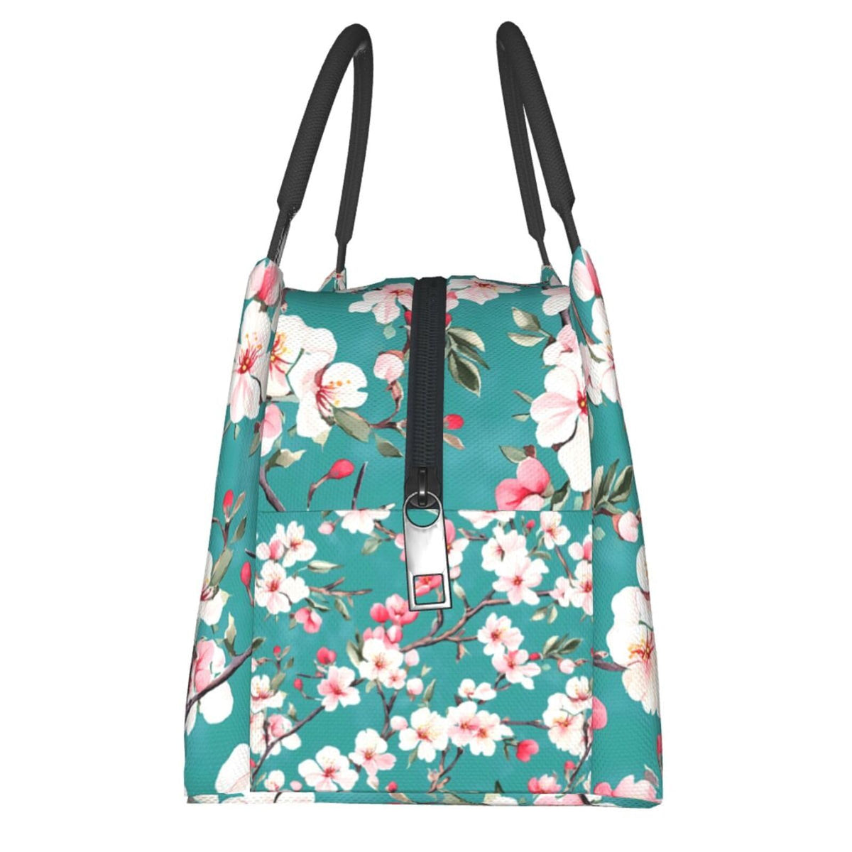 ainori Cherry Blossom Insulated Lunch Box for Girls Women,Reusable Tote Bag with Elegant Flower Branch in Teal,Portable Lunchbox Handbag,Makeup Bags Organizer Gifts for Work Office Travel,11x6.3x6.7in