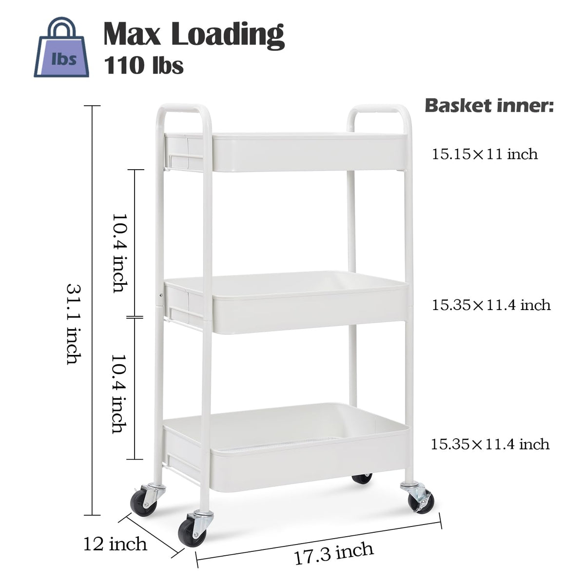 TOOLF 3-Tier Rolling Cart - Metal Utility Storage Organizer with Lockable Wheels, 33 lbs Per Shelf, Tool-Free 5-Min Assembly, for Kitchen Bathroom Office Nursery Craft Room, White